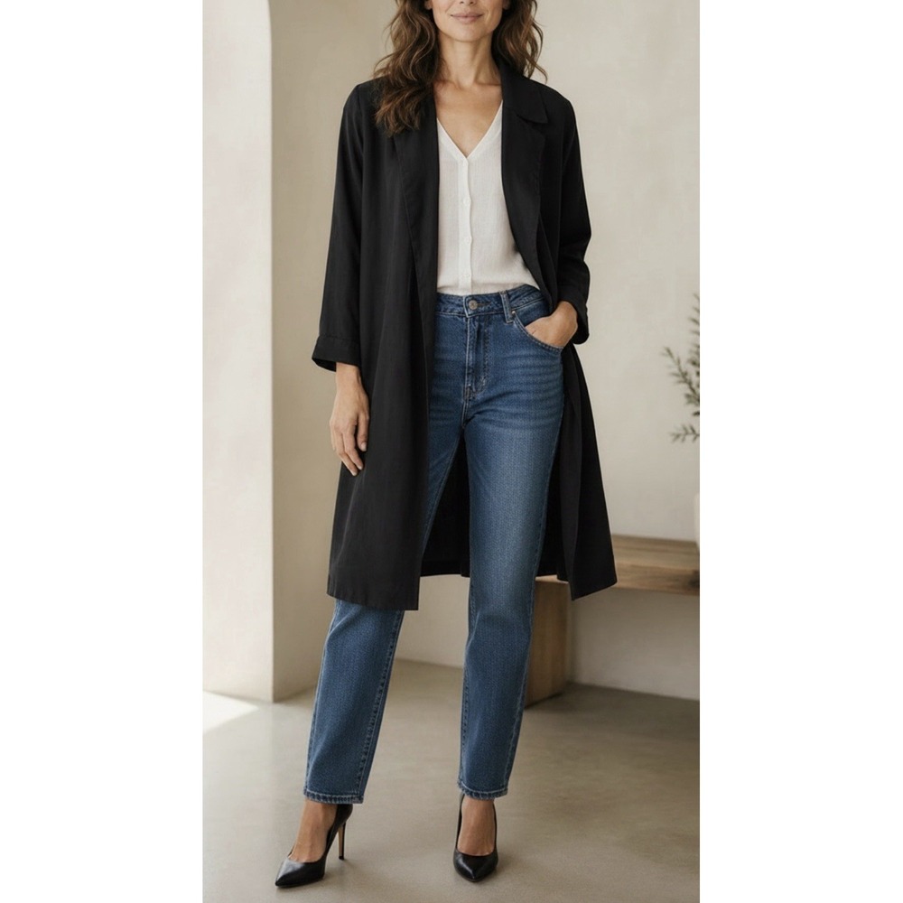 NWT Eileen Fisher XL Black Trench Duster Jacket Lagenlook Minimalist Faux Suede